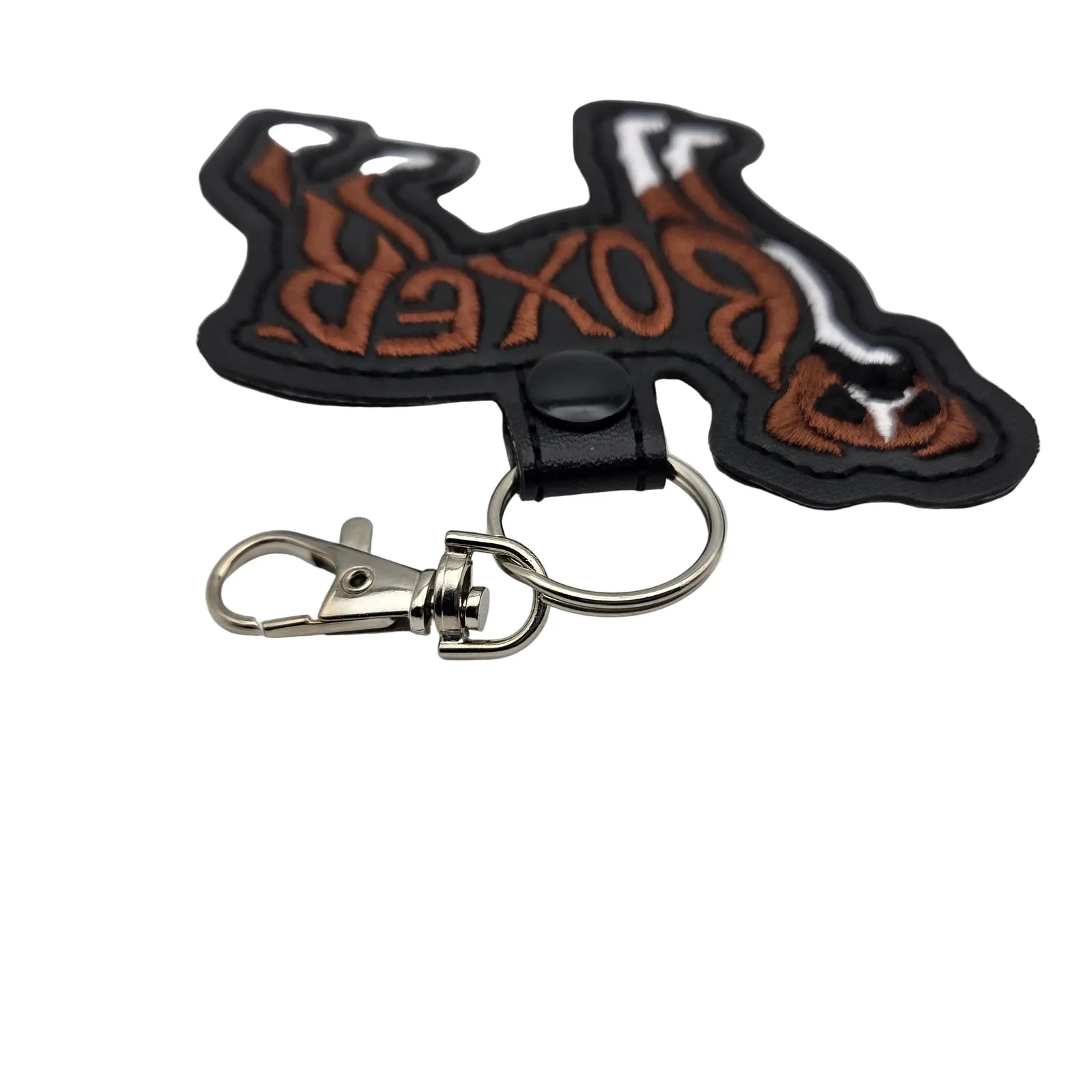 Embroidered Boxer dog keychain tab in faux leather with a metal clasp and split ring for easy attachment.