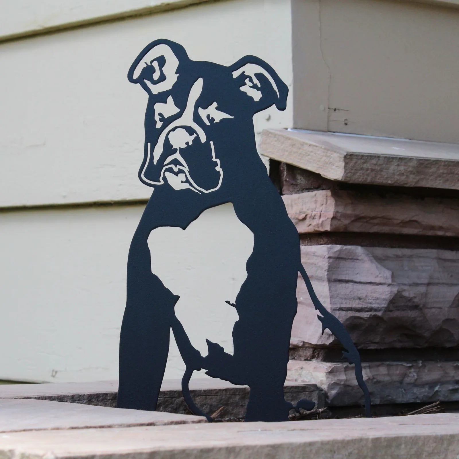 Black metal Boxer silhouette decor, showcasing detailed features, ideal for outdoor spaces like gardens or yards.