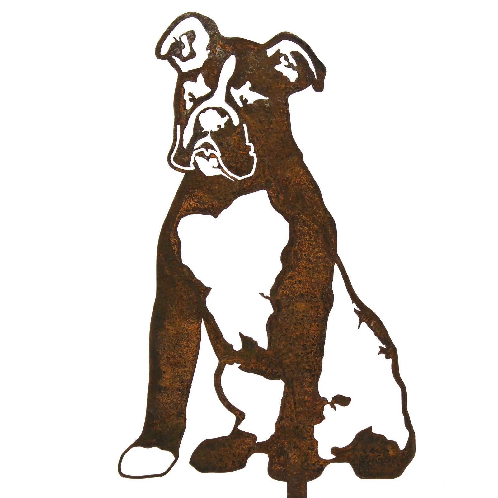 Boxer metal silhouette in rusted Corten steel, showing intricate detail of a seated dog design. Ideal outdoor decor.