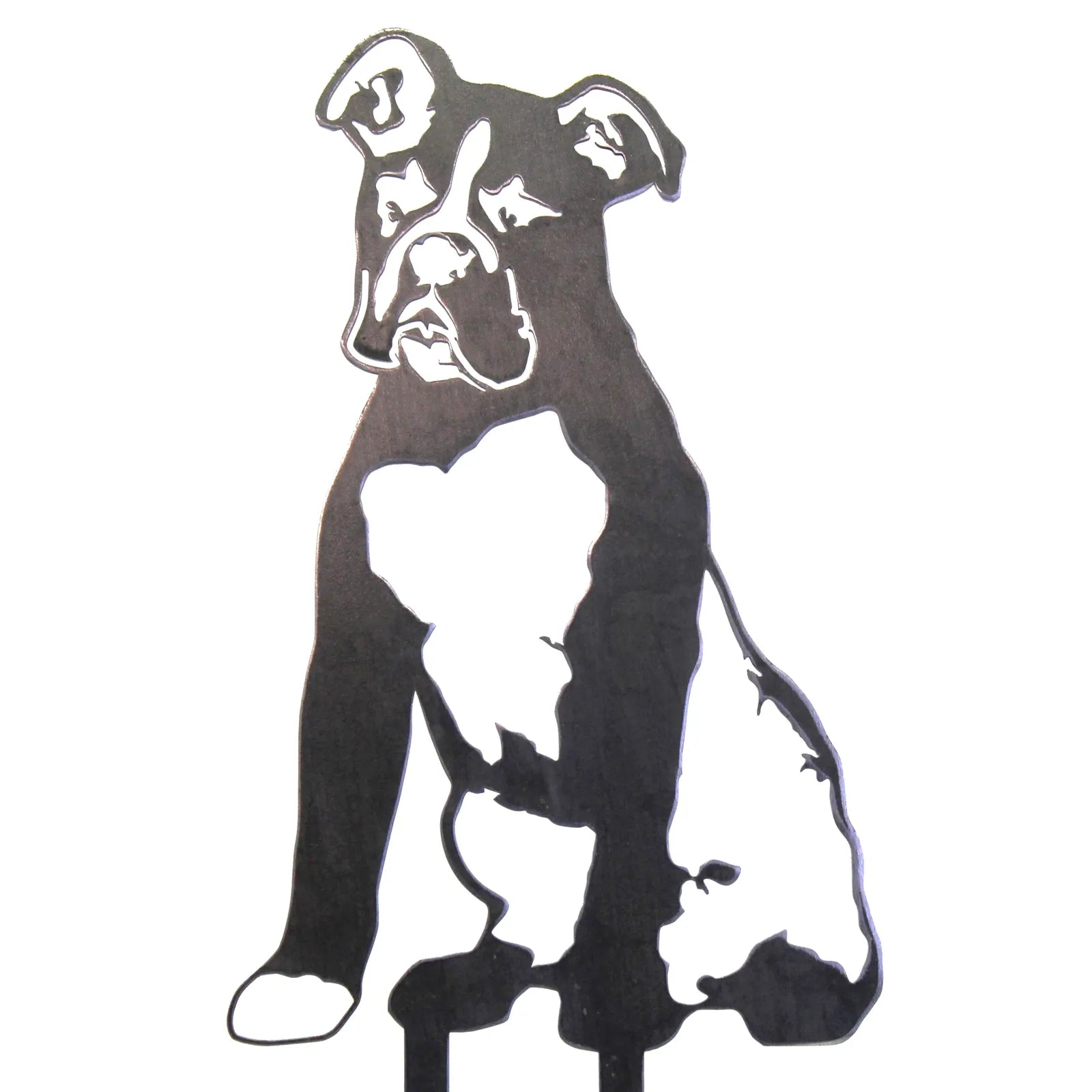Black metal Boxer dog silhouette, crafted from sturdy weathering steel, ideal for outdoor dog-themed decor.