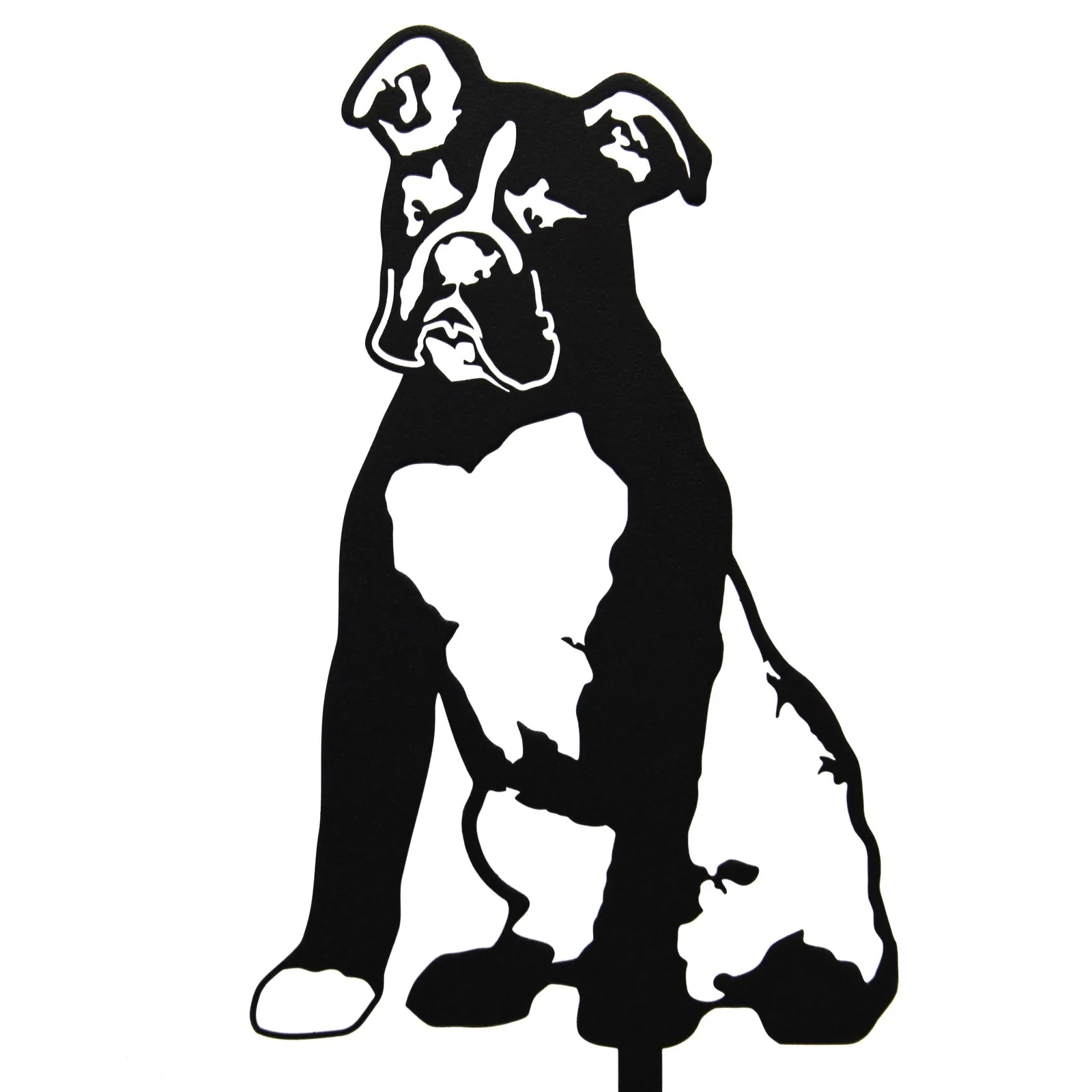Black metal silhouette of a seated Boxer dog, showcasing detailed features, designed for outdoor decor.