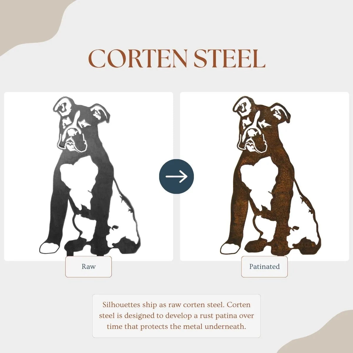 Boxer silhouette art in raw corten steel transitioning to a rust patina finish, showcasing handmade outdoor decor.