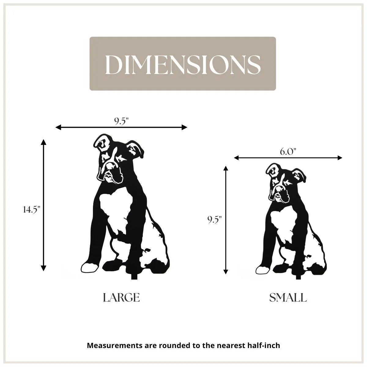 Black metal silhouette of a seated Boxer dog with dimensions for Large and Small sizes displayed.
