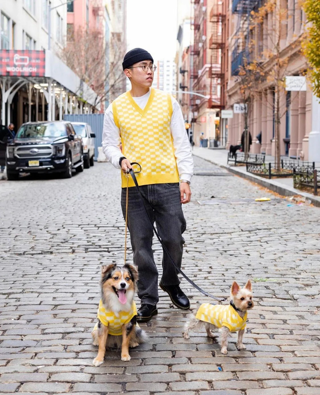 Stylish dog sweater vests in cheerful yellow check pattern, worn by a person walking two dogs on a cobblestone street.