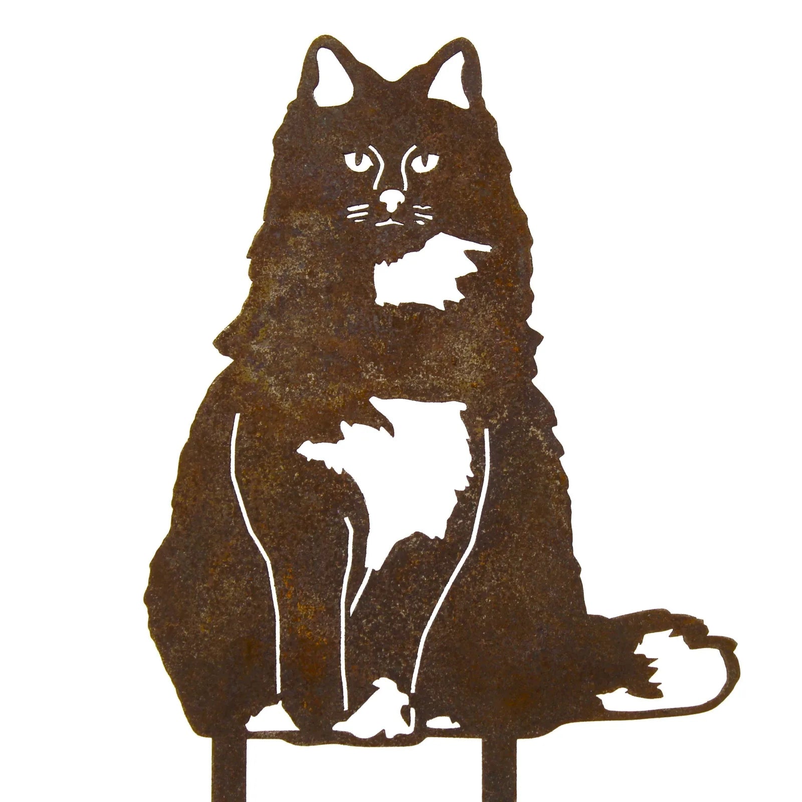 Rustic Corten steel silhouette of a British Longhair cat, designed for outdoor decor with detailed cutouts.