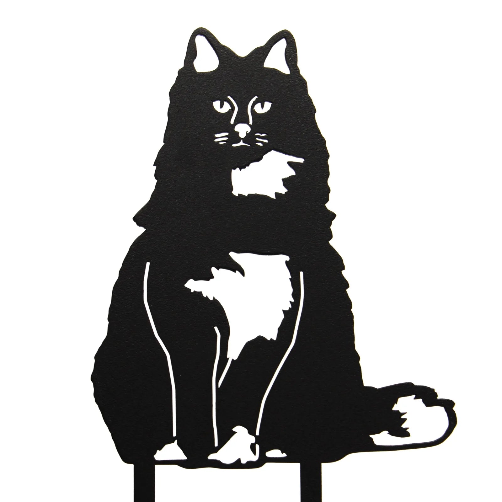 Black metal silhouette of a British Longhair cat, showcasing detailed features and a matte finish, perfect for outdoor decor.