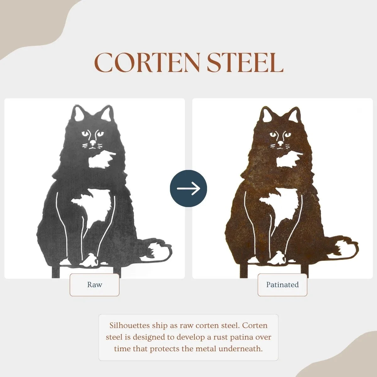 Metal silhouette of a British Longhair cat in raw corten steel, showcasing its future patina development.