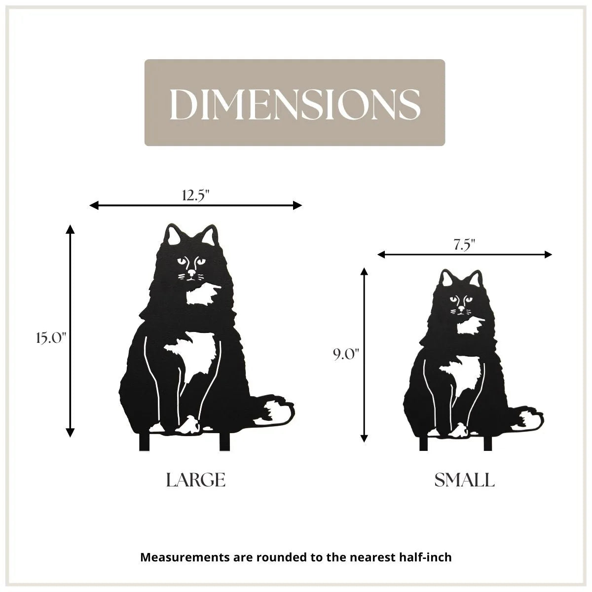 Black metal silhouette of a British Longhair cat, sizes marked with dimensions for small and large variants.