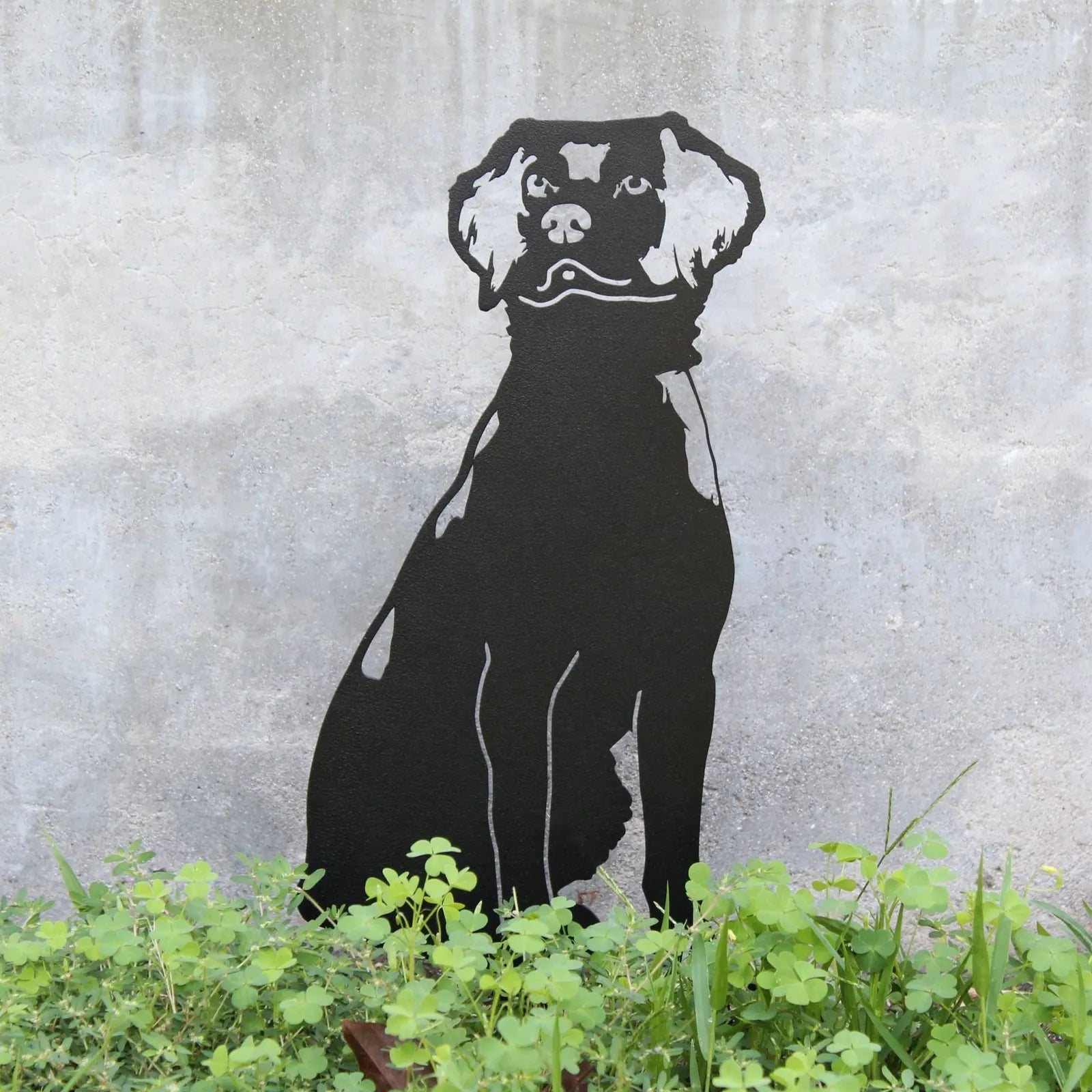 Black metal silhouette of a Brittany Spaniel dog against a gray background, surrounded by green foliage.