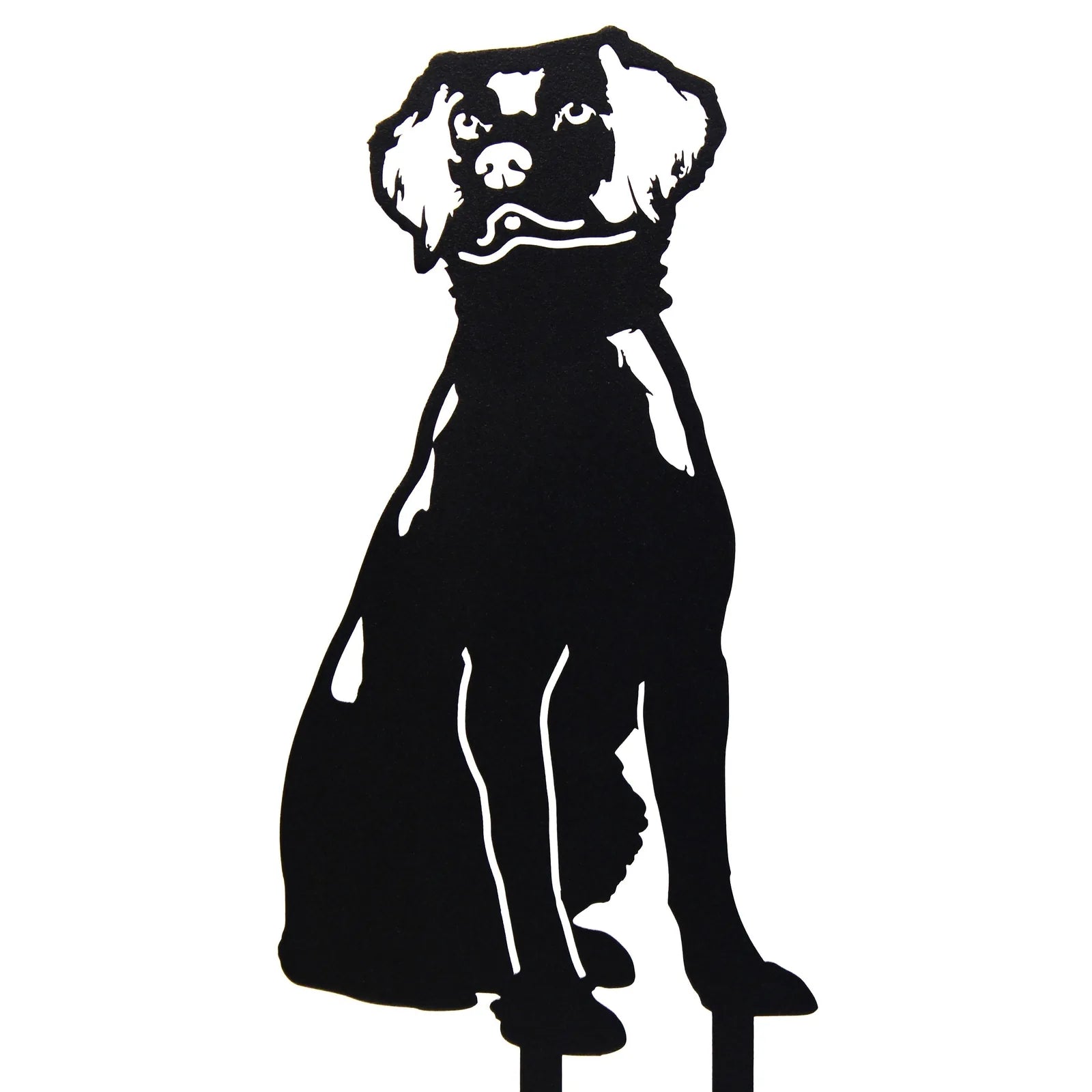 Black metal silhouette of a Brittany Spaniel dog, showcasing detailed features and poised sitting position.
