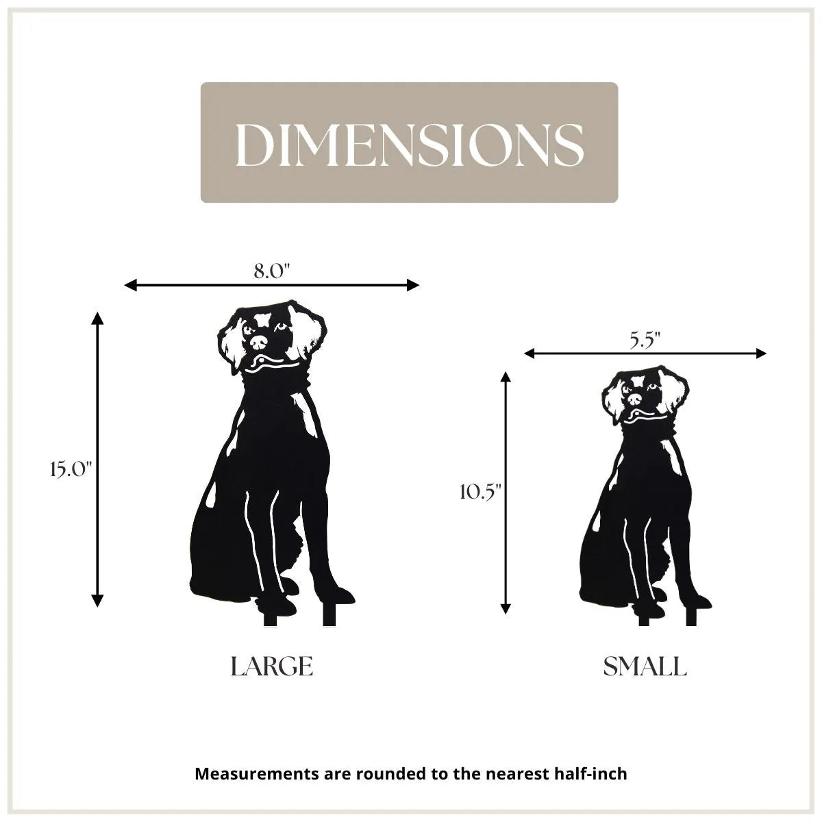 Black metal silhouette of a Brittany Spaniel dog showing dimension details for large and small sizes.