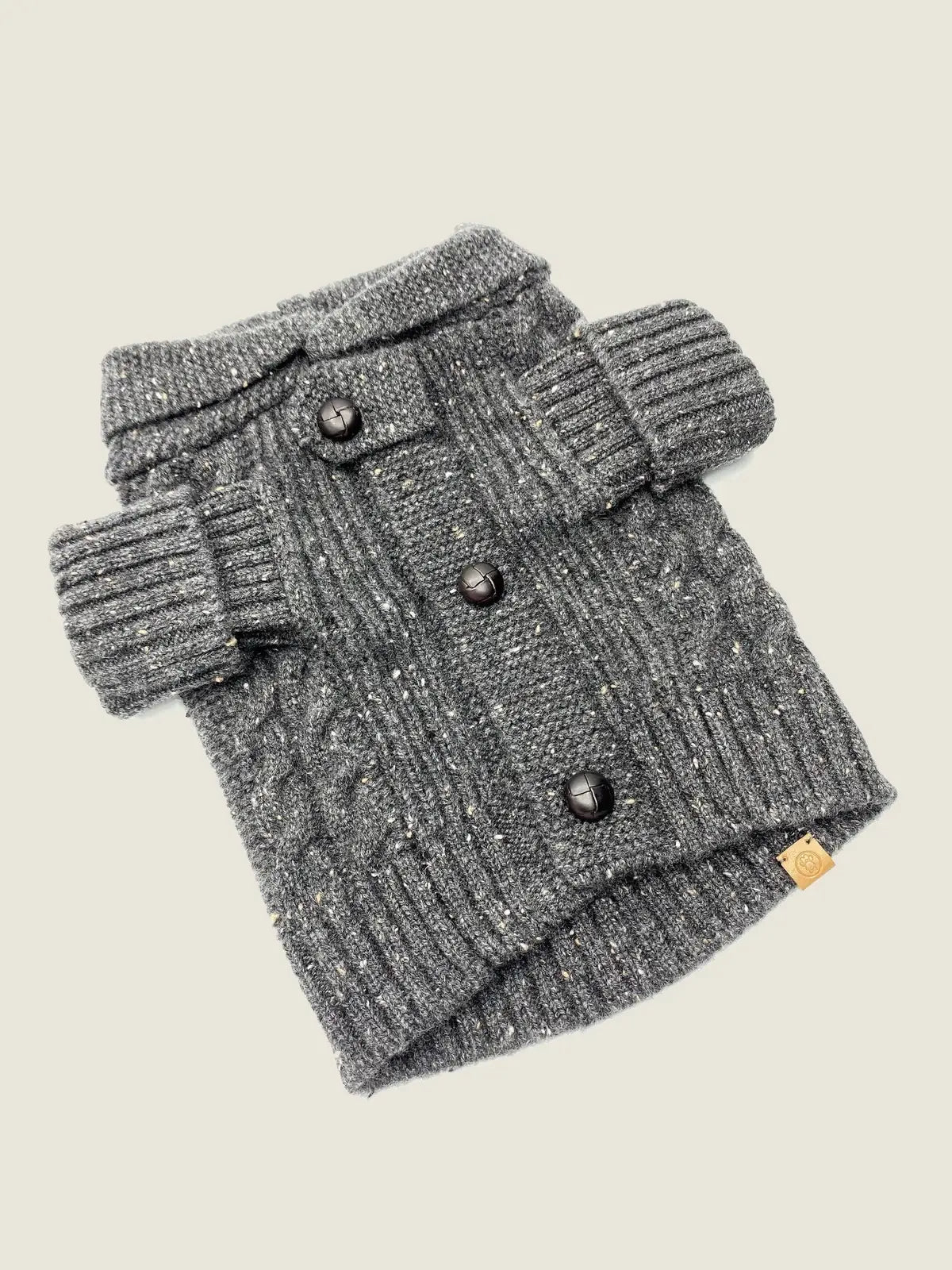 Charcoal Brooklyn Cashmere Cardigan for dogs with a classic shawl collar and leather buttons, featuring a soft textured knit.