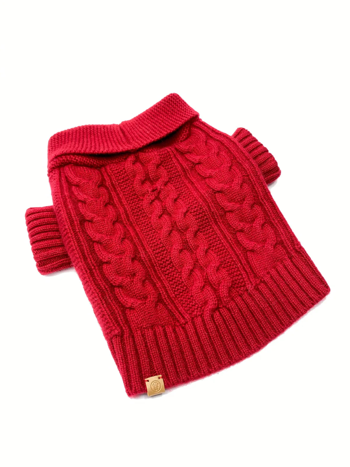 Garnet cashmere dog cardigan with a shawl collar and cable knit design, featuring leather buttons and ribbed edges.