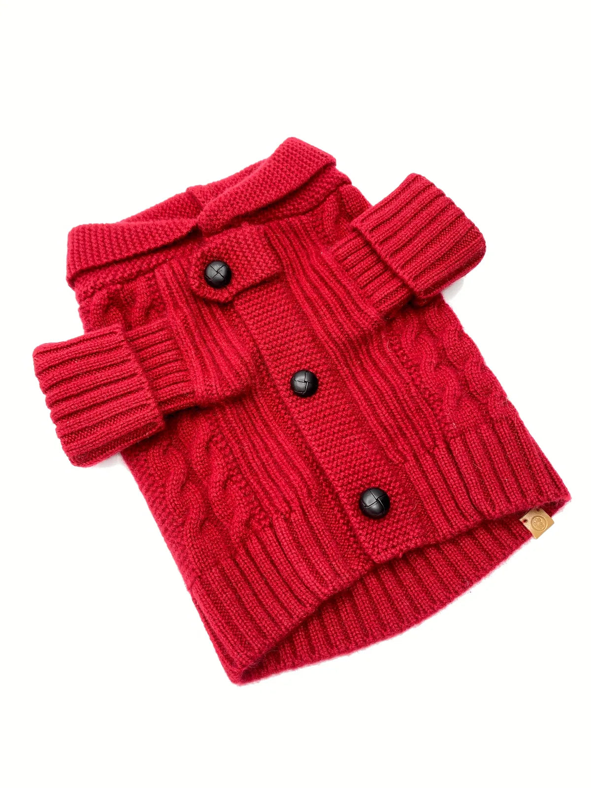 Garnet Brooklyn Cashmere Cardigan for dogs, featuring a shawl collar and black leather buttons.