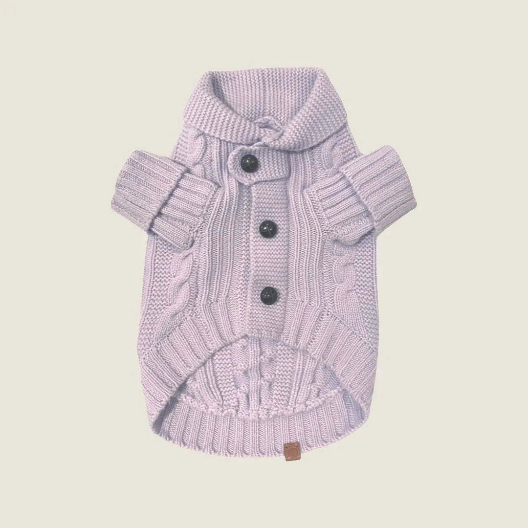 Soft lilac cashmere dog cardigan with a collared design and black buttons, perfect for small to medium breeds.