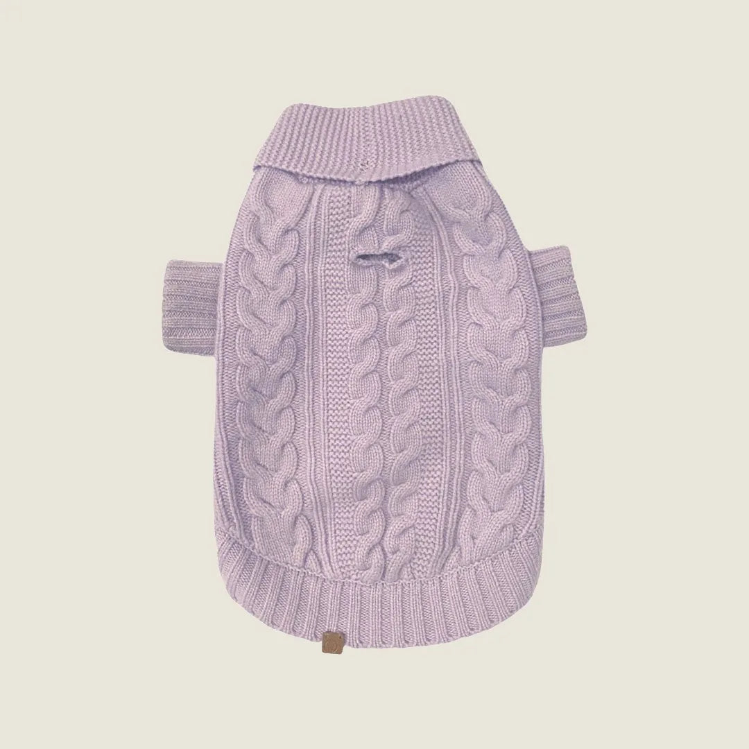 Soft lilac cashmere dog sweater with cable knit design and leather buttons, perfect for small to medium breeds.