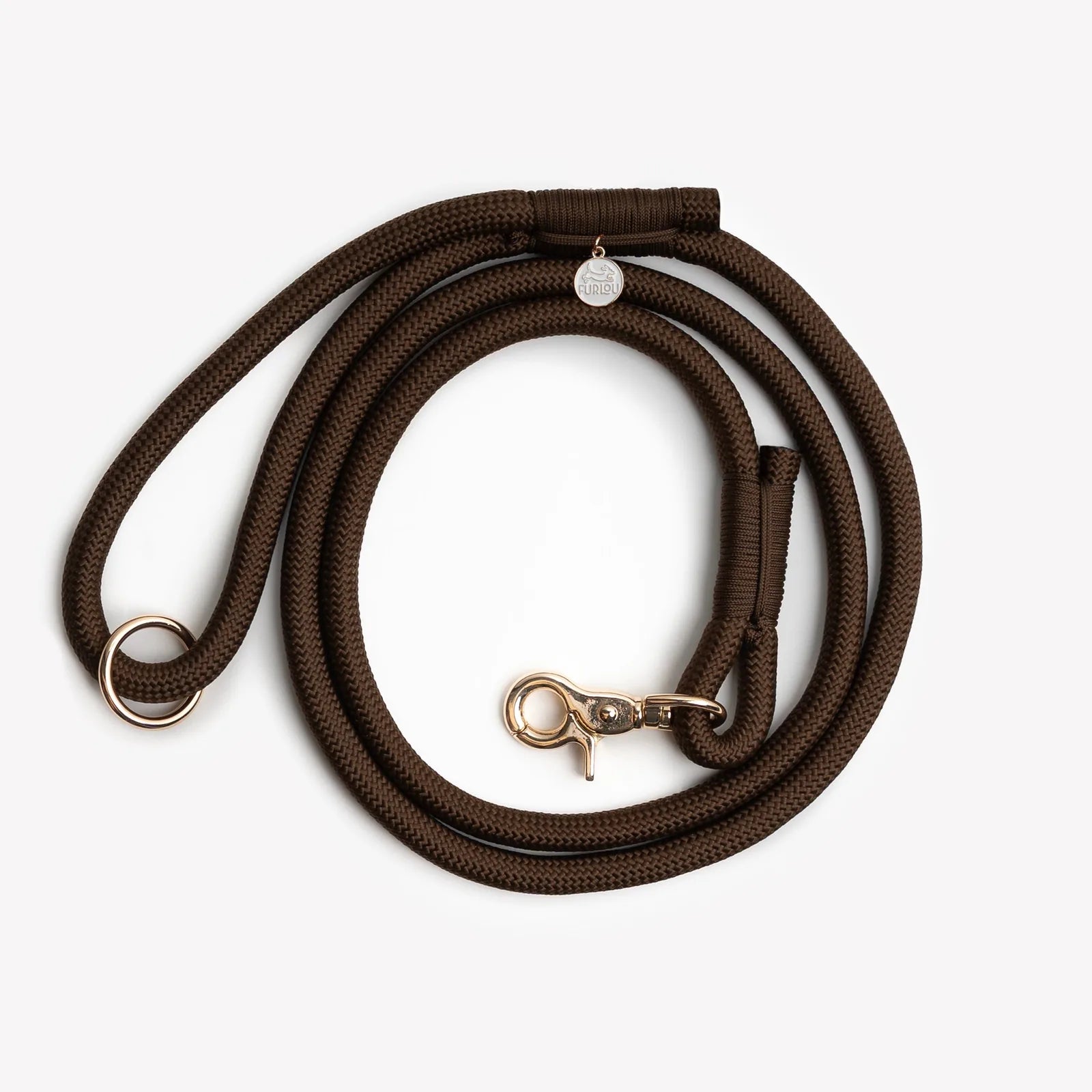 Brown braided rope leash by FURLOU featuring durable nylon, lightweight design, and a gold clip for added convenience.