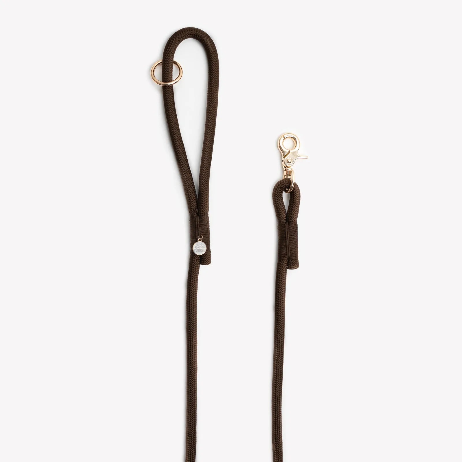 Brown braided nylon dog leash with gold-tone O-ring and clip, designed for durability and comfort.