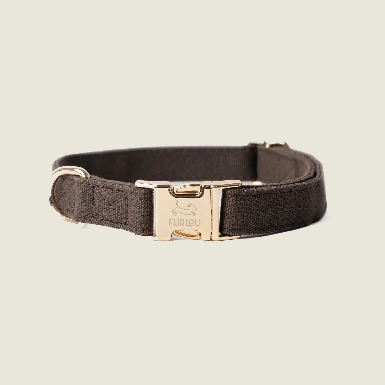 Brown canvas dog collar by FURLOU with gold hardware, featuring a lightweight and breathable design.