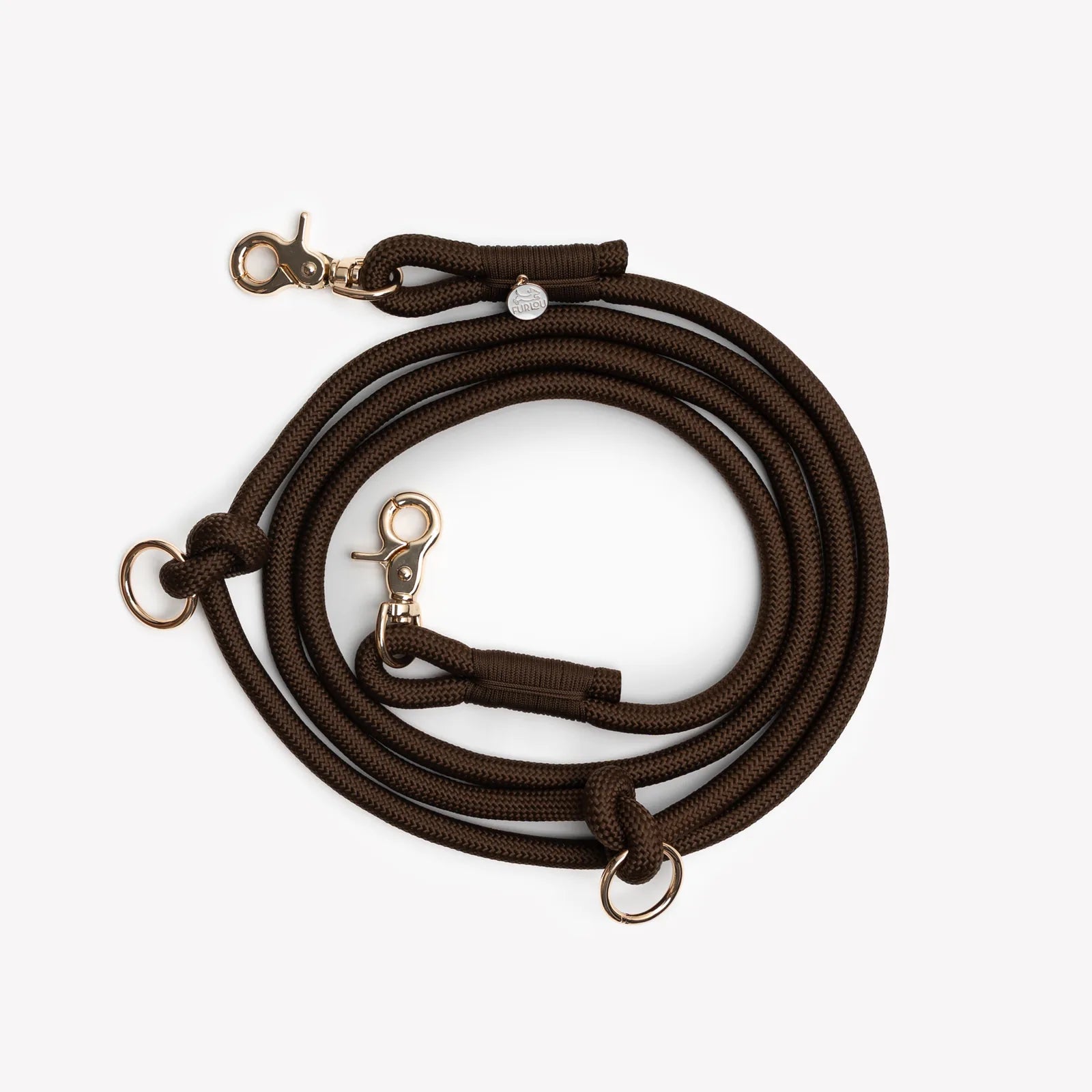 Brown braided hands-free leash with gold clips, designed for comfort and convenience during walks and jogs.