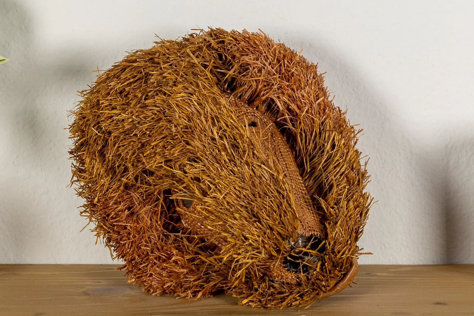 Handwoven brown Labradoodle dog mask featuring natural fibers and intricate textures, perfect for unique wall decor.