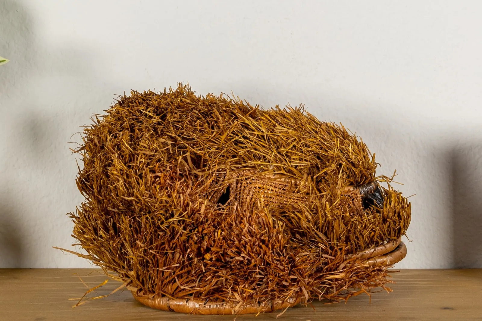 Handcrafted brown Labradoodle dog mask with intricate weaving and natural fibers, showcasing cultural artistry from Panama.