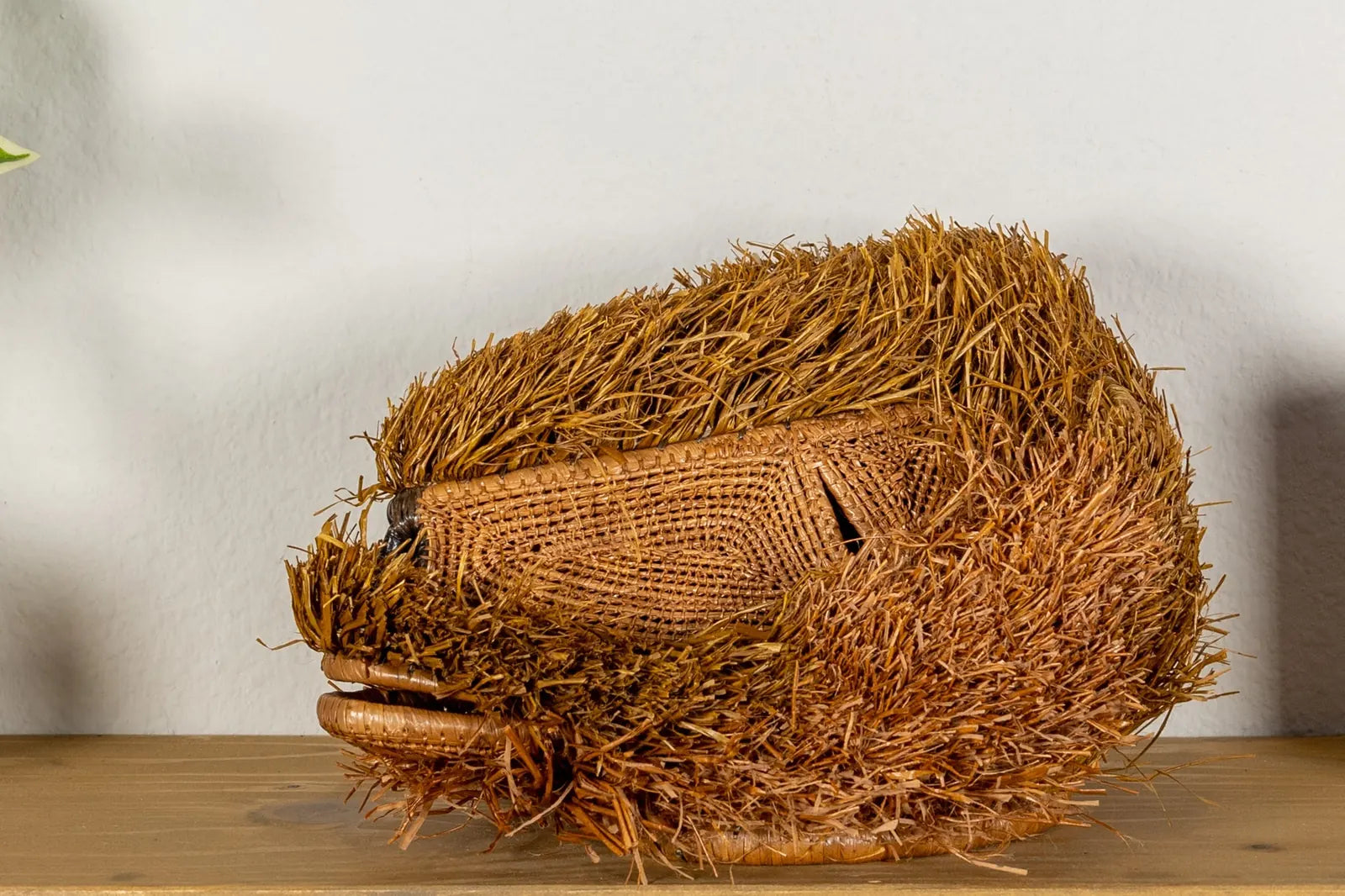 Handwoven brown Labradoodle dog mask featuring intricate natural patterns, crafted from local materials by Indigenous arti...