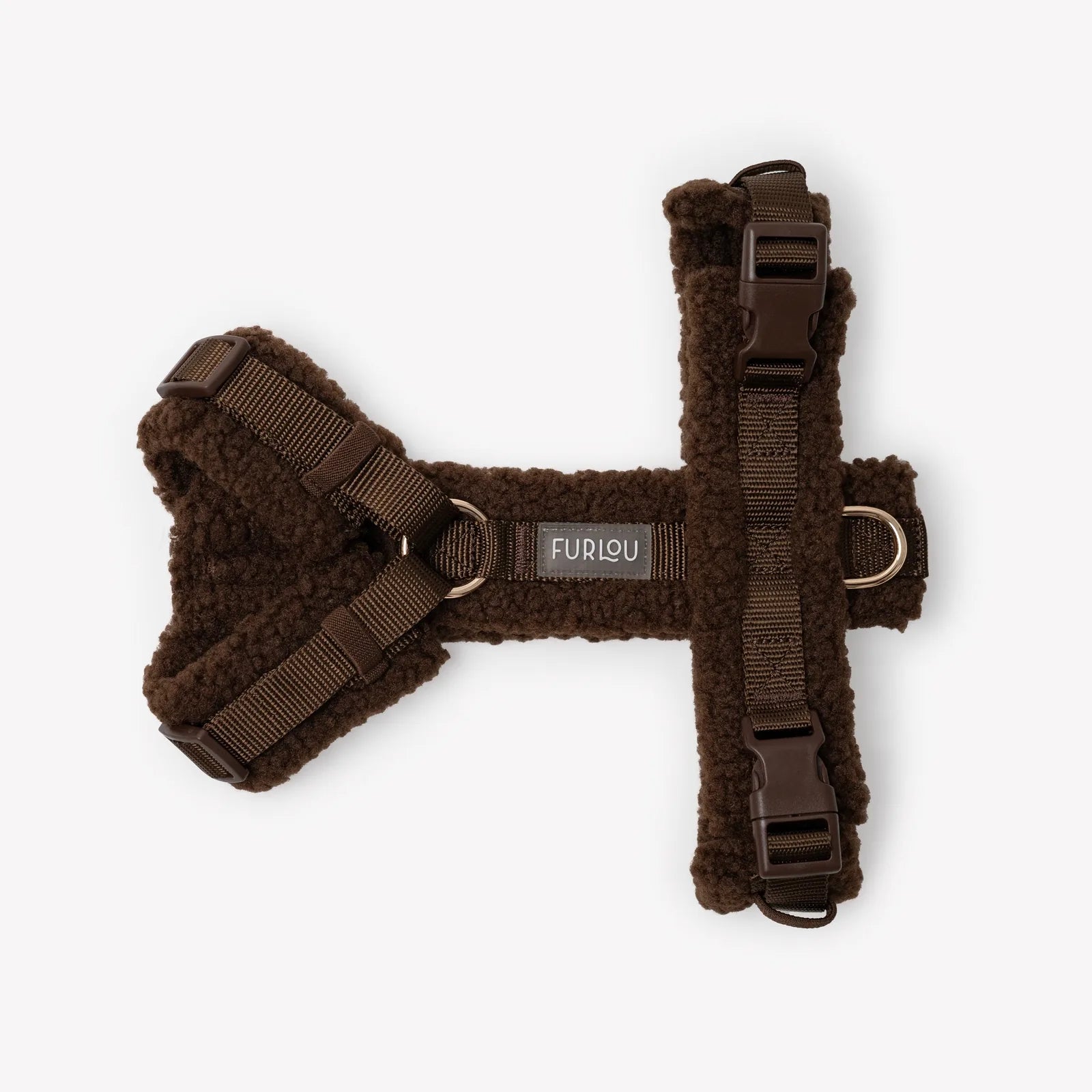Brown sherpa dog harness by FURLOU featuring adjustable straps and stylish gold details for a cozy fit.