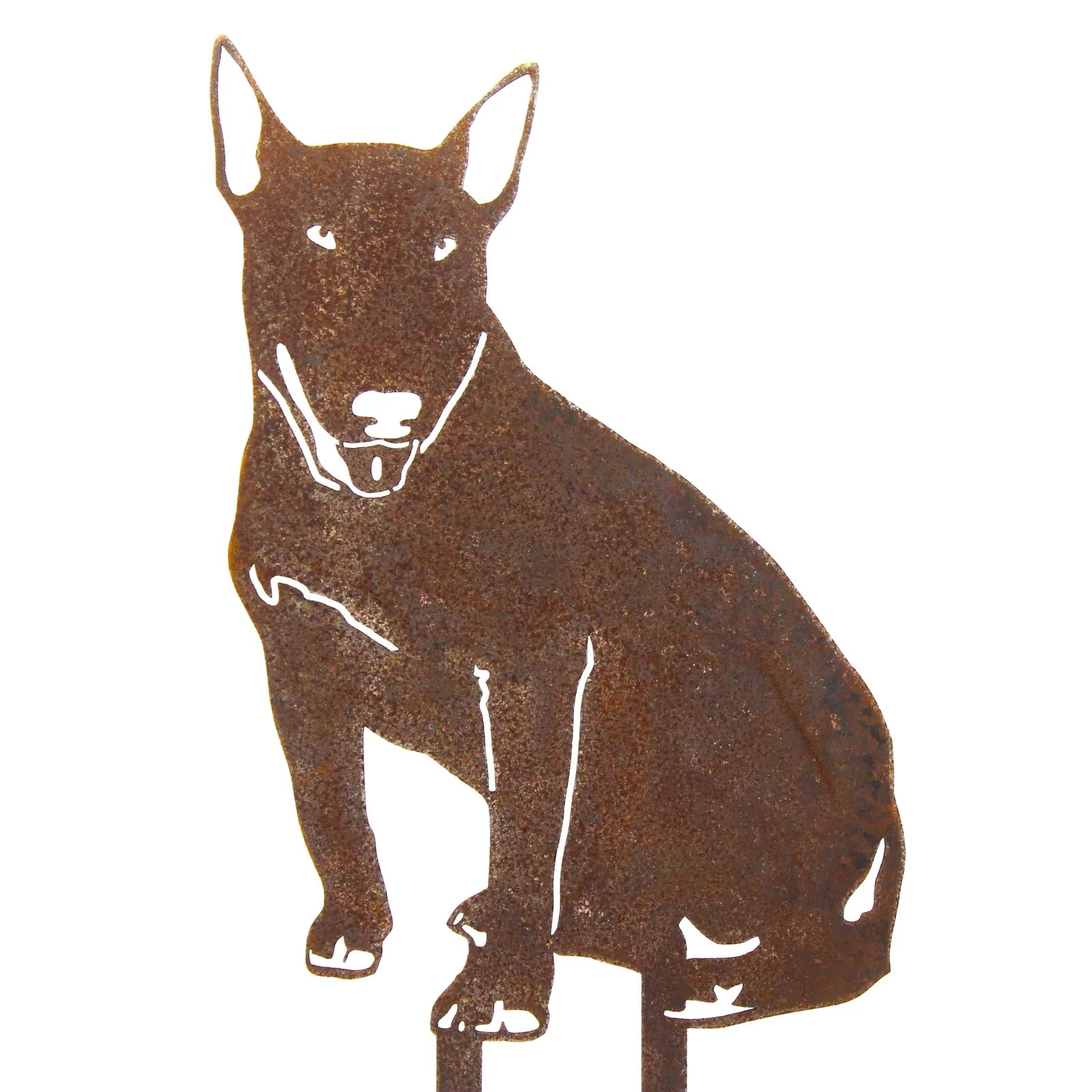 Rusty Bull Terrier metal silhouette by My Metal Rescue, showcasing a seated dog design for garden decor.