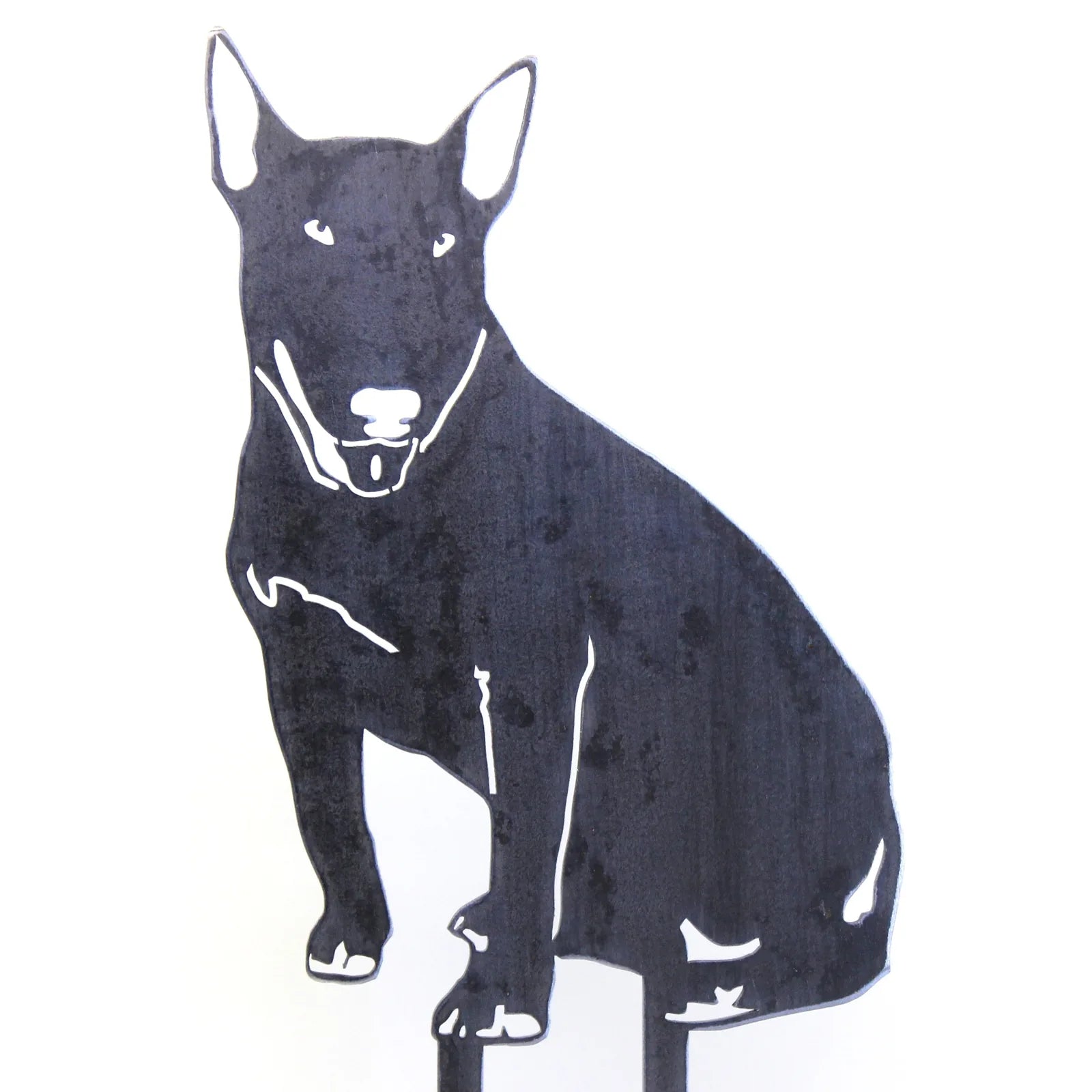 Bull Terrier silhouette in matte black metal, showcasing detailed design ideal for garden or home decor.