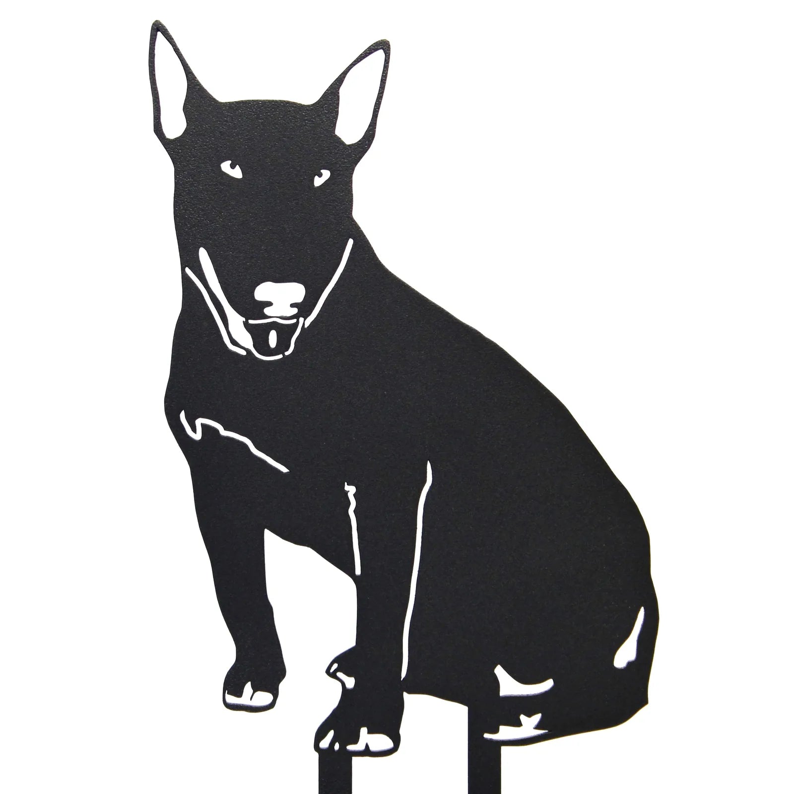 Black Bull Terrier metal silhouette art, showcasing detailed design, perfect for indoor or outdoor decor.