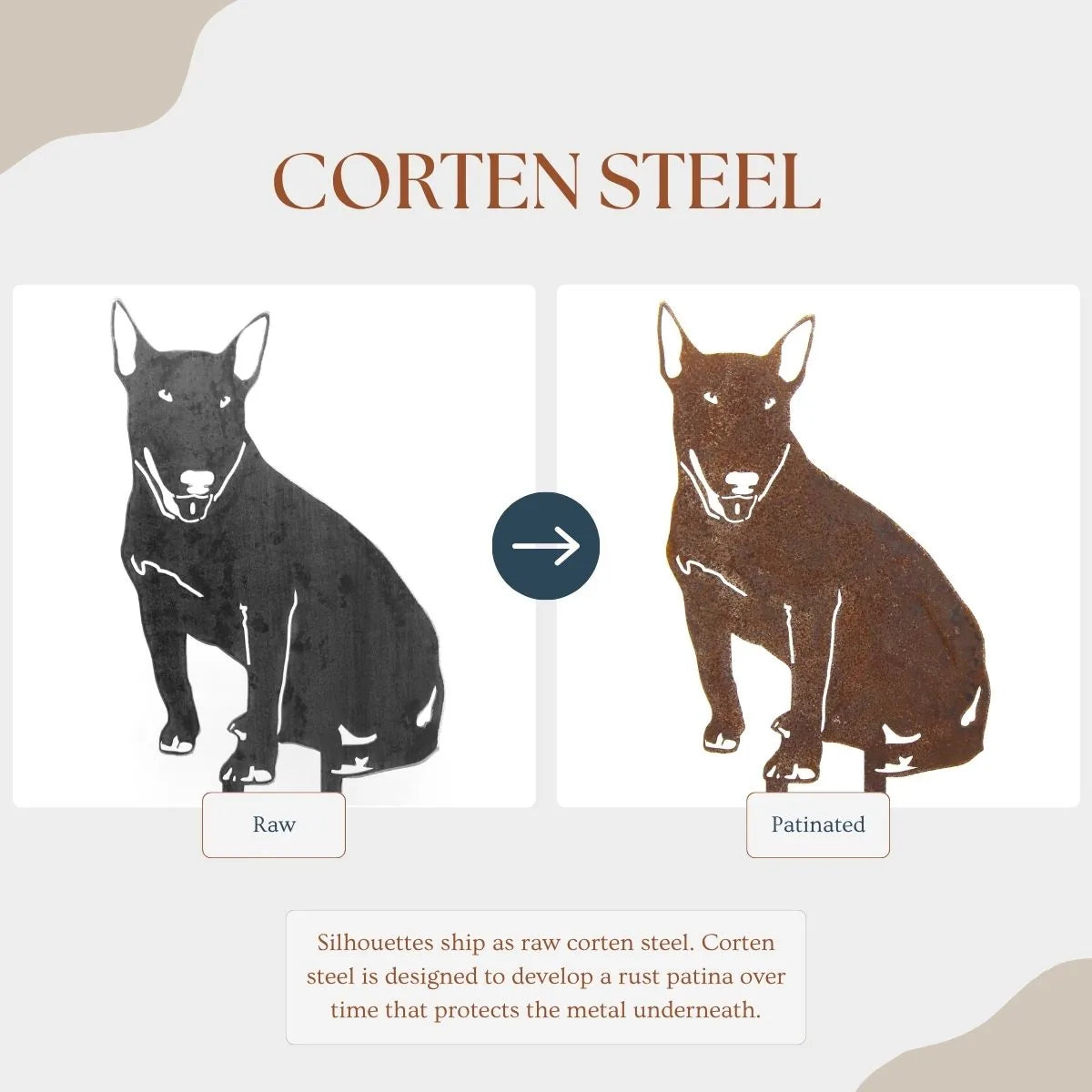 Black Bull Terrier silhouette on the left and patinated rust finish on the right, highlighting Corten steel textures.