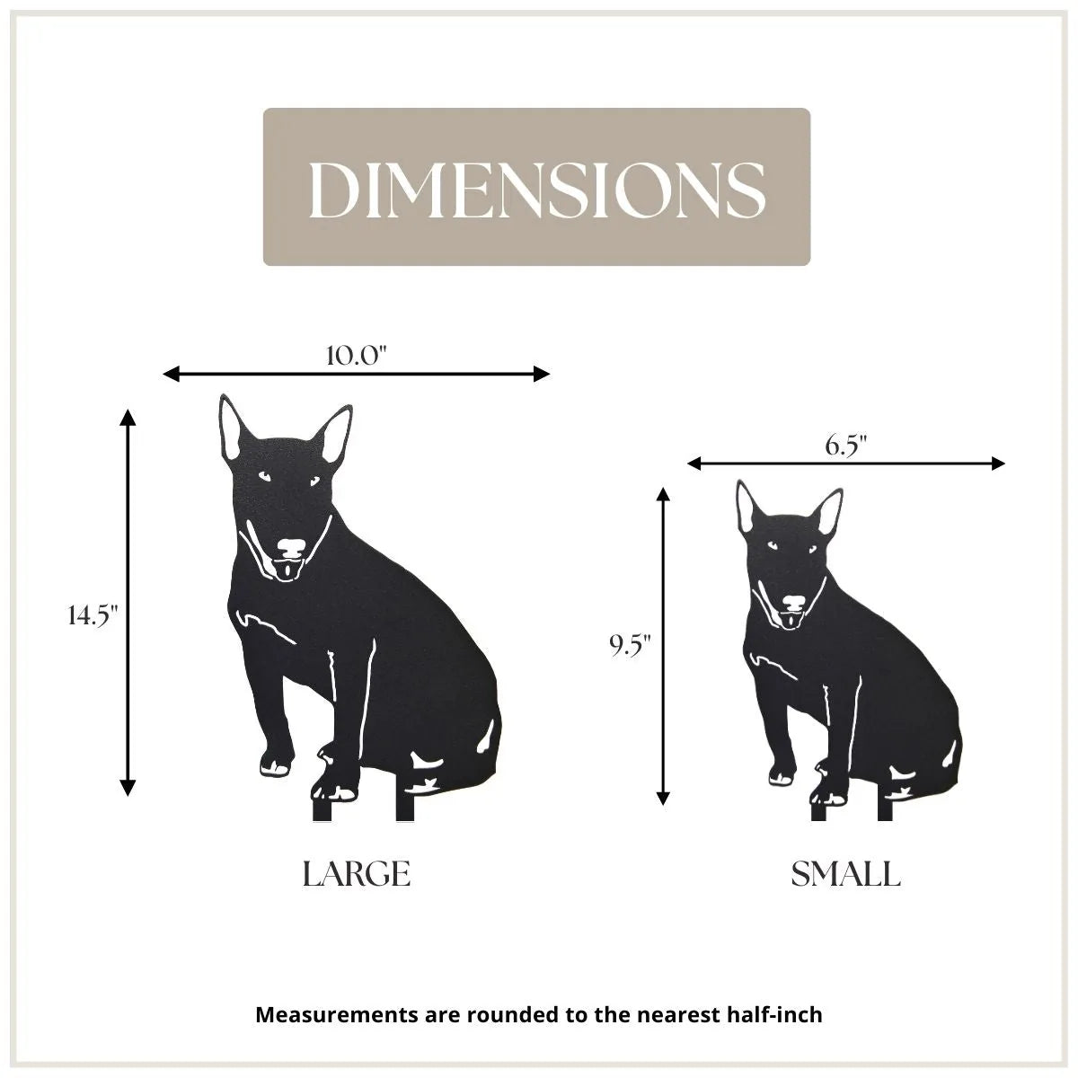 Bull Terrier silhouette dimensions displayed in black metal, showcasing sizes for large (14.5") and small (9.5").