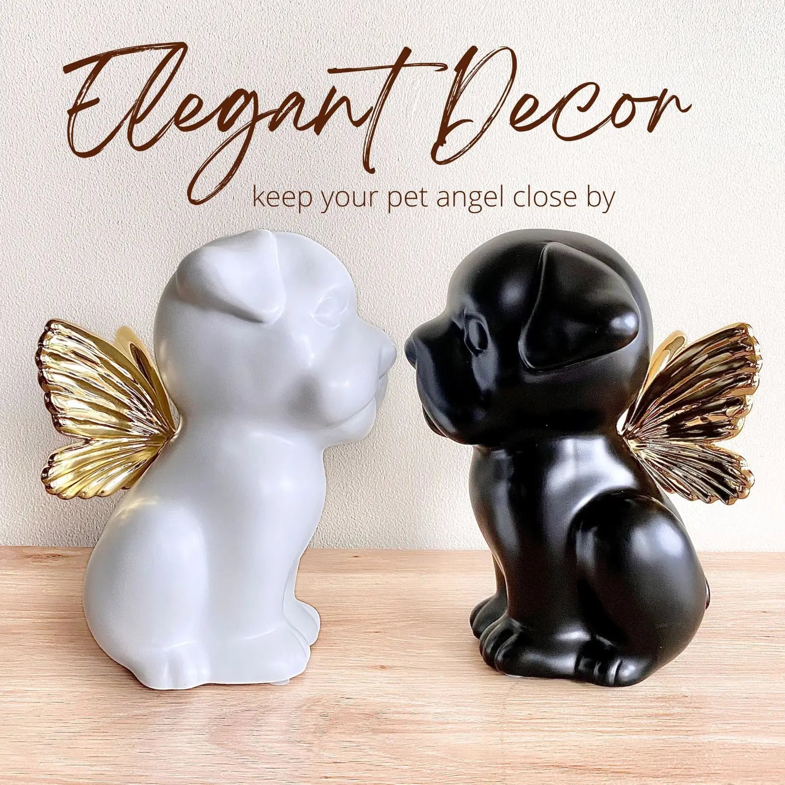 Black and white dog urns with gold wings, symbolizing a heartfelt pet memorial. Ideal for honoring beloved dogs.
