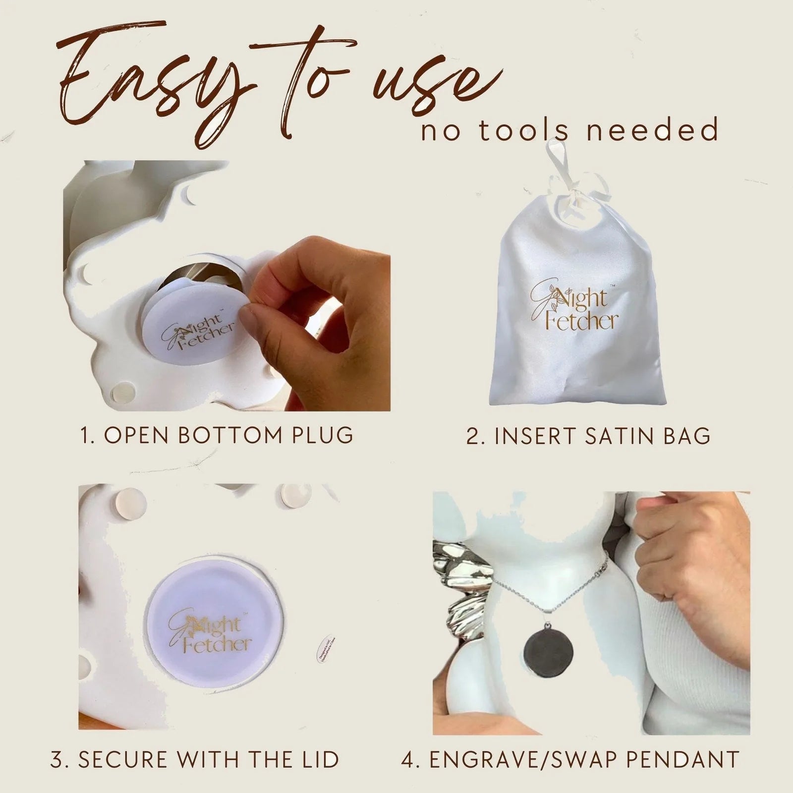 Hand holding a plug for the GNight Fetcher urn, showing steps for easy assembly with a satin bag and pendant.