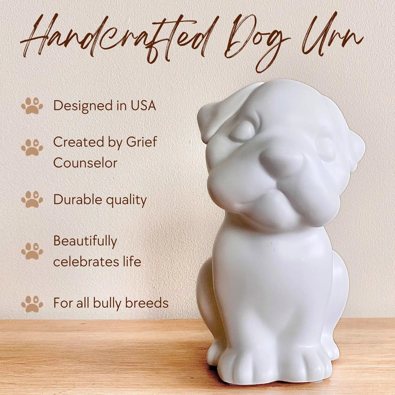 Handcrafted white dog urn shaped like a Bully breed, featuring soft curves and a dignified pose, perfect for pet memorials.