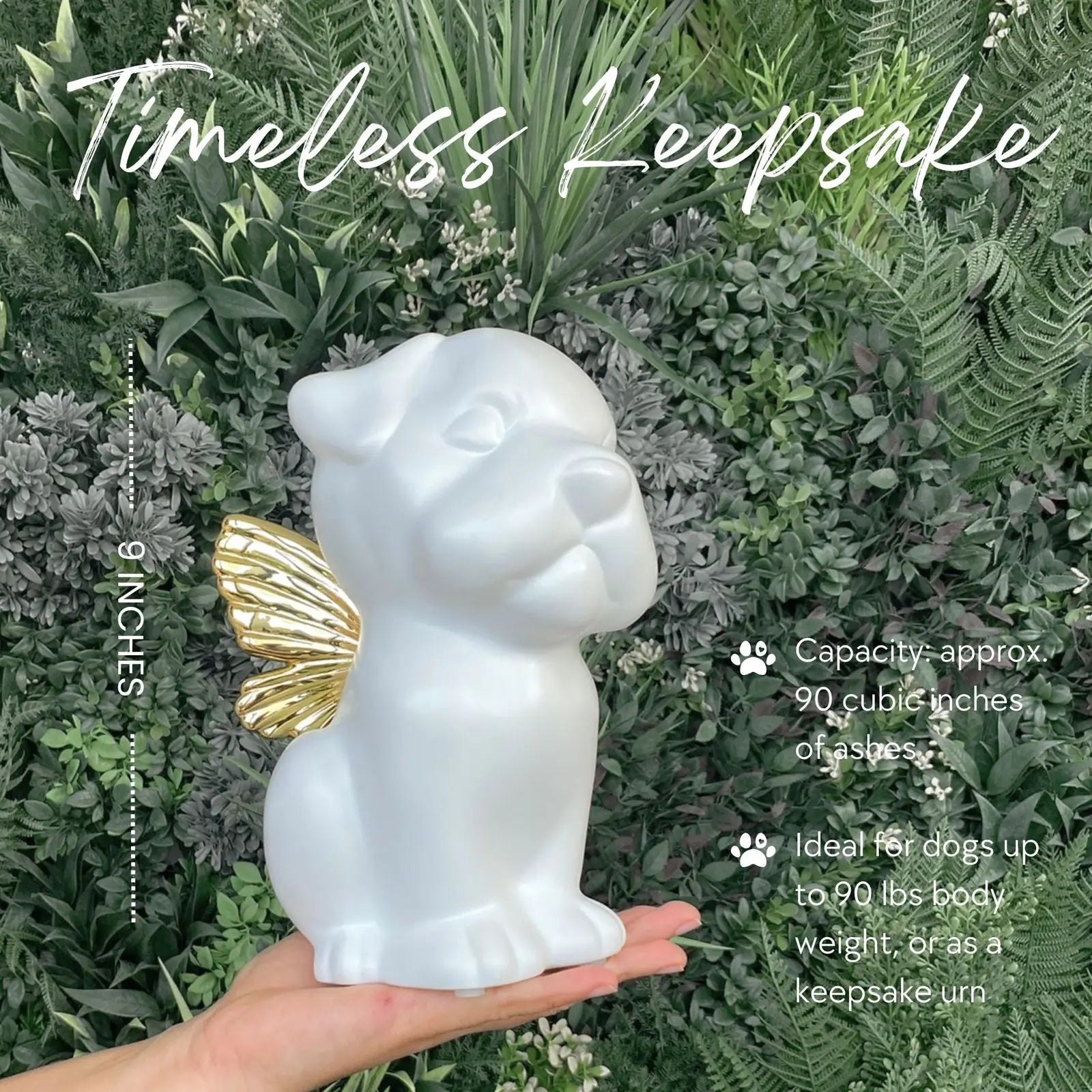 Handcrafted white dog urn with gold wings, ideal for Bully breeds, measuring 9 inches tall, perfect for pet memorials.