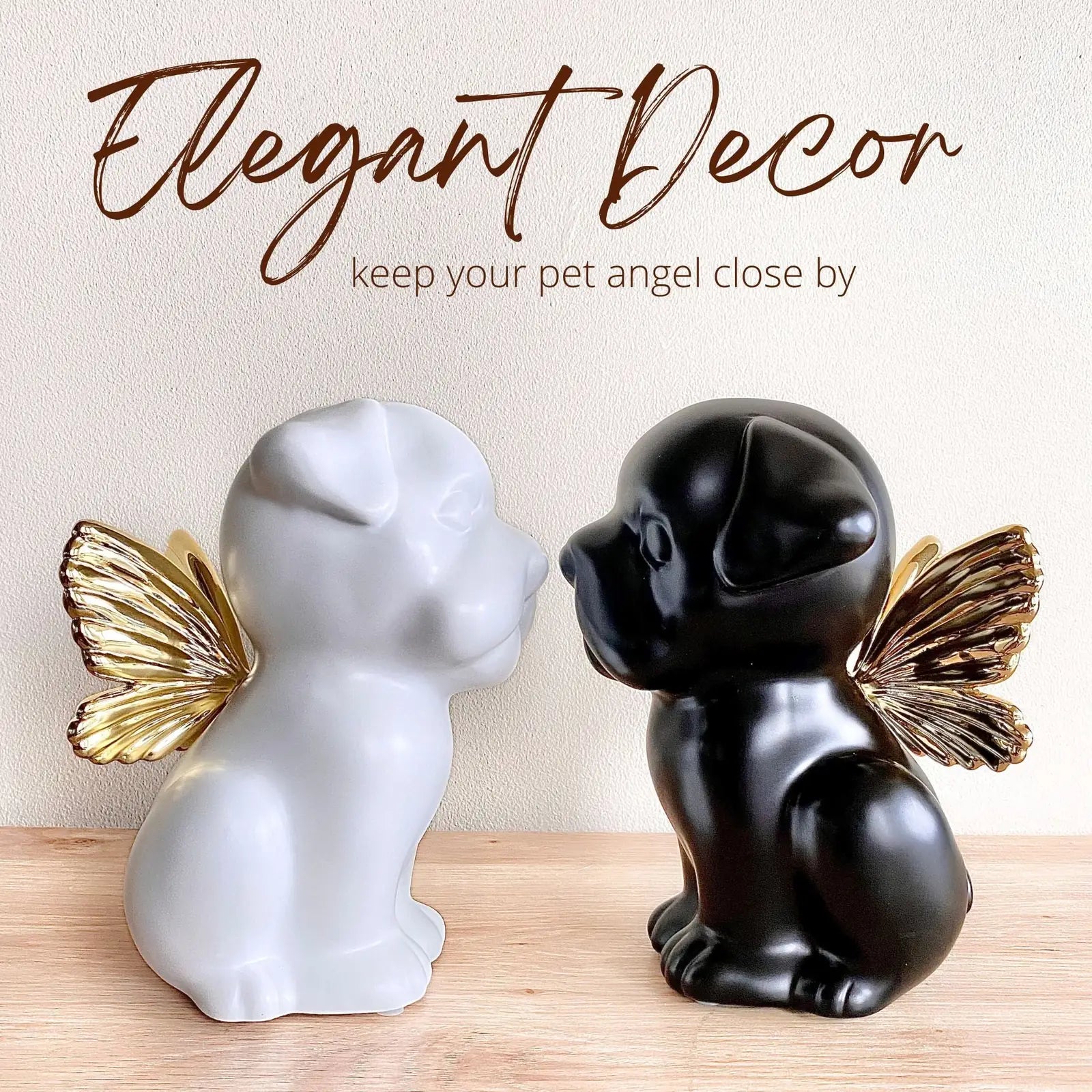 Handcrafted white dog urn with gold wings, honorably designed for pet memorials, featuring a smooth finish and elegant exp...