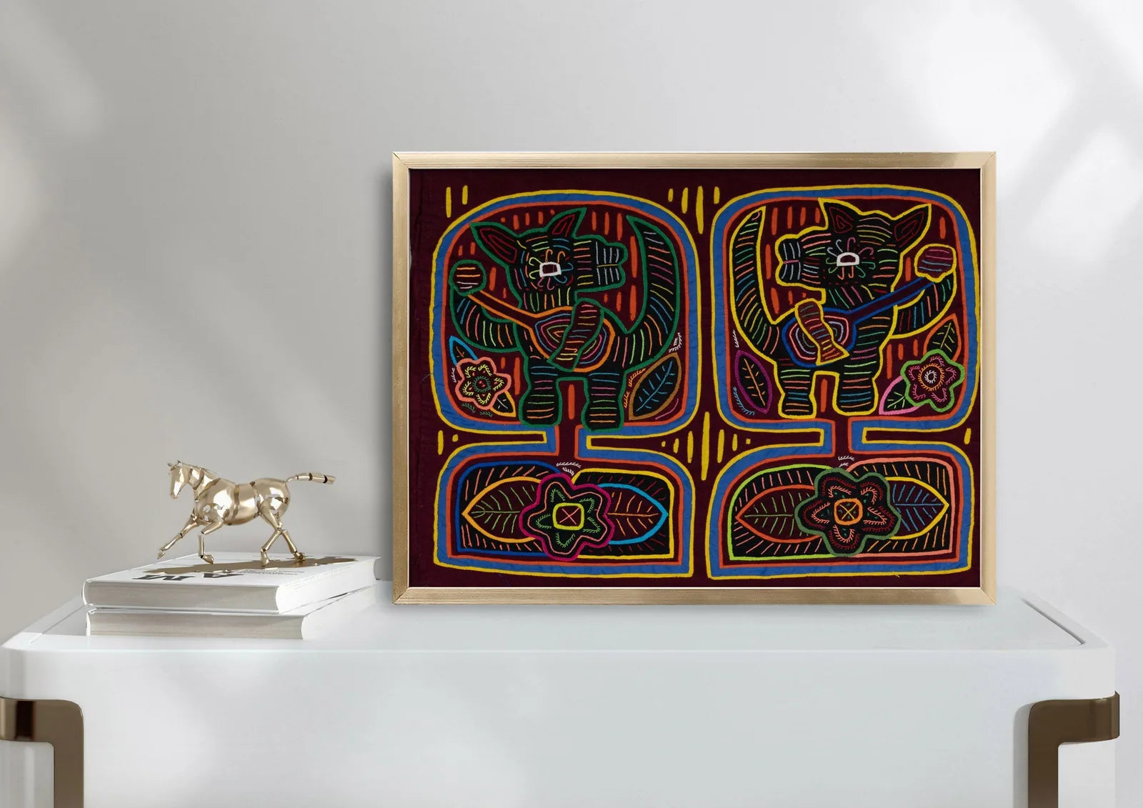 Burgundy tapestry featuring playful banjo player puppy dog designs in vibrant colors, hand-stitched Mola art from Panama.