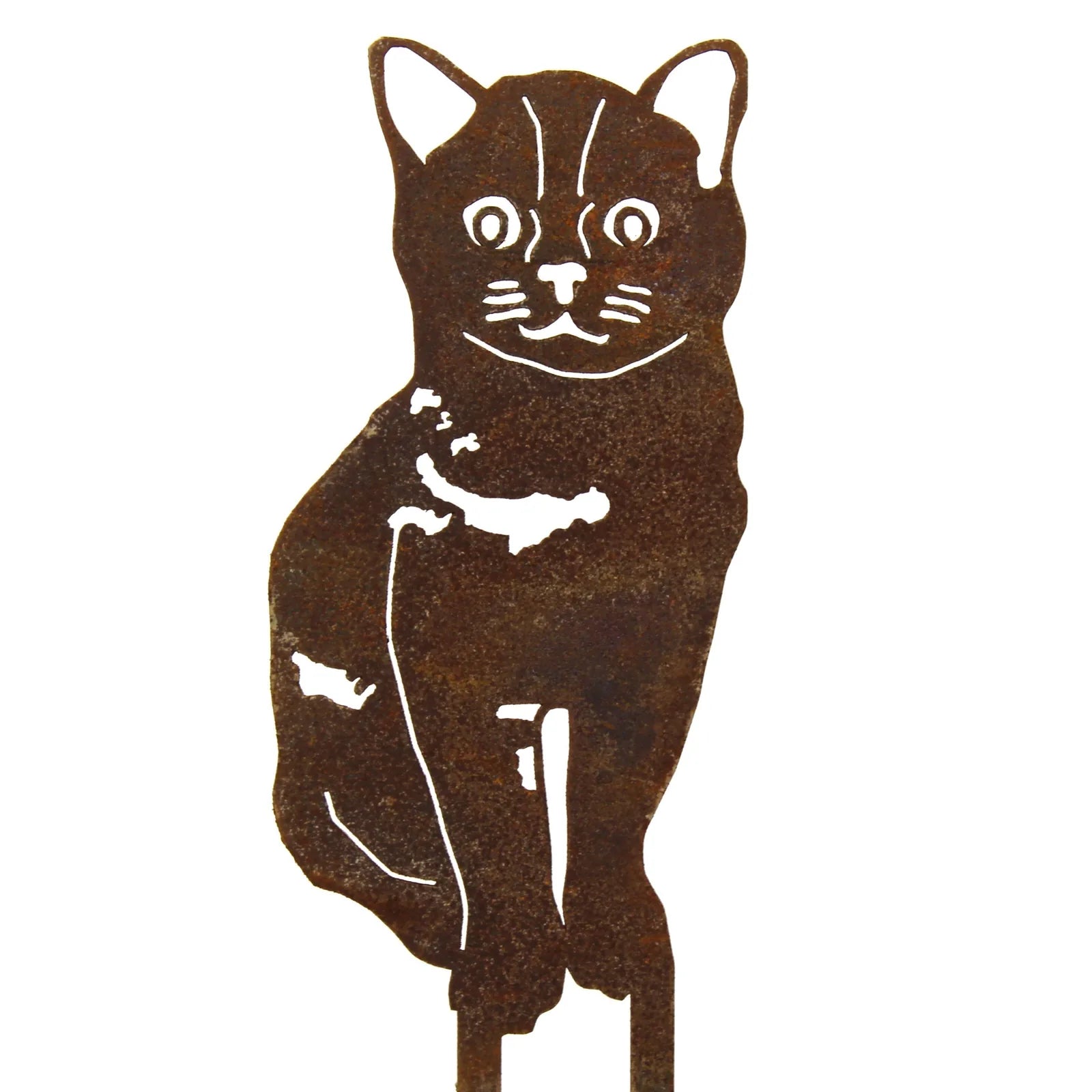 Rusty Corten steel silhouette of a Burmese cat, featuring detailed facial and body patterns, suitable for outdoor decor.