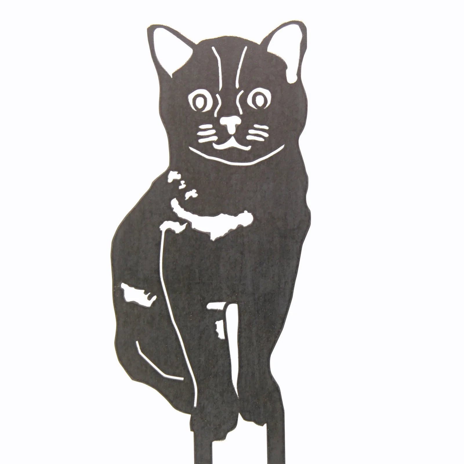 Handmade black metal silhouette of a Burmese cat, featuring intricate cut-out details, ideal for outdoor decor.