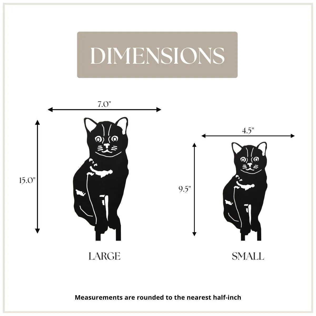 Burmese dog silhouette dimensions, showing large (15") and small (9.5") sizes in black metal design.