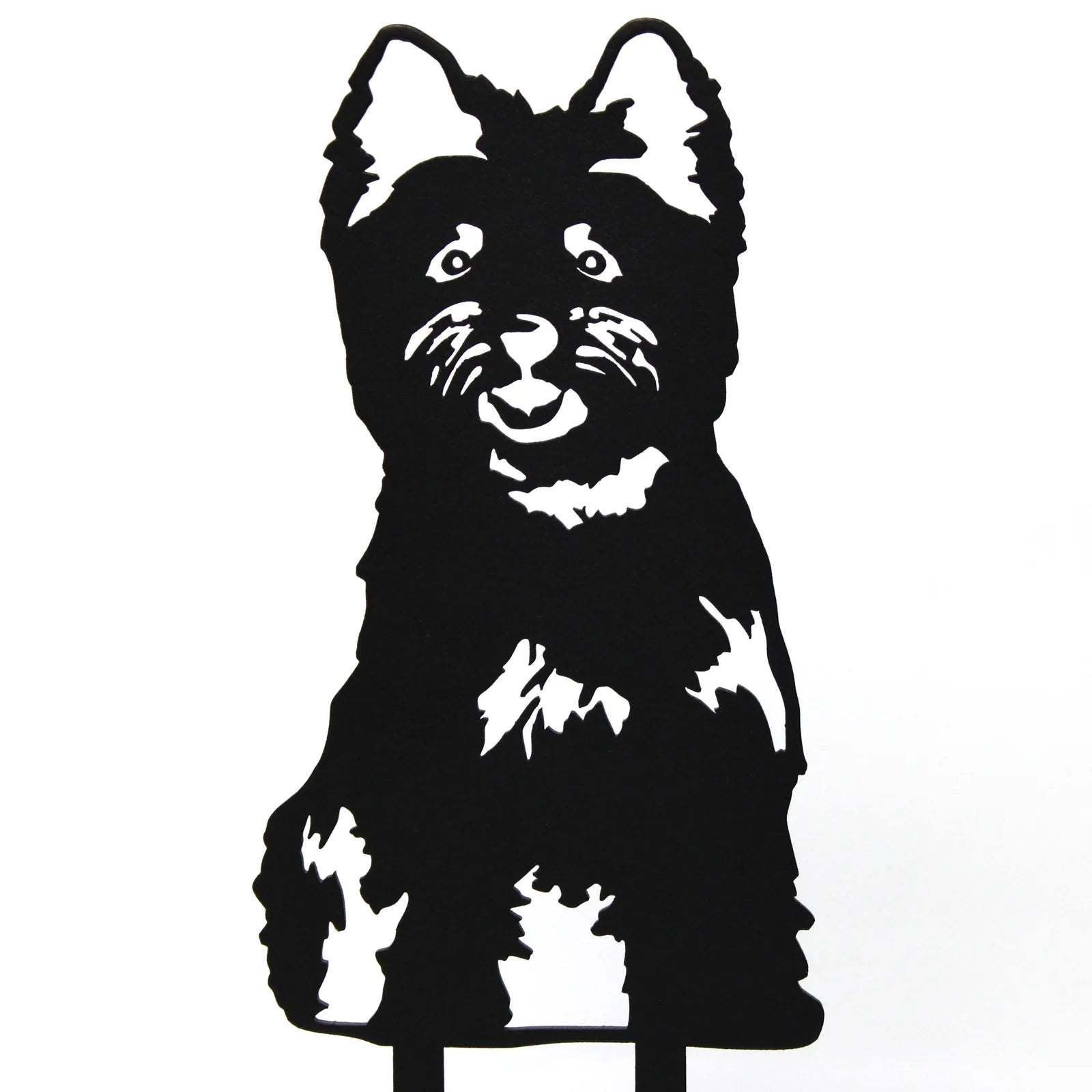 Black metal silhouette of a Cairn Terrier, showing distinct features and a playful expression, ideal for outdoor decor.