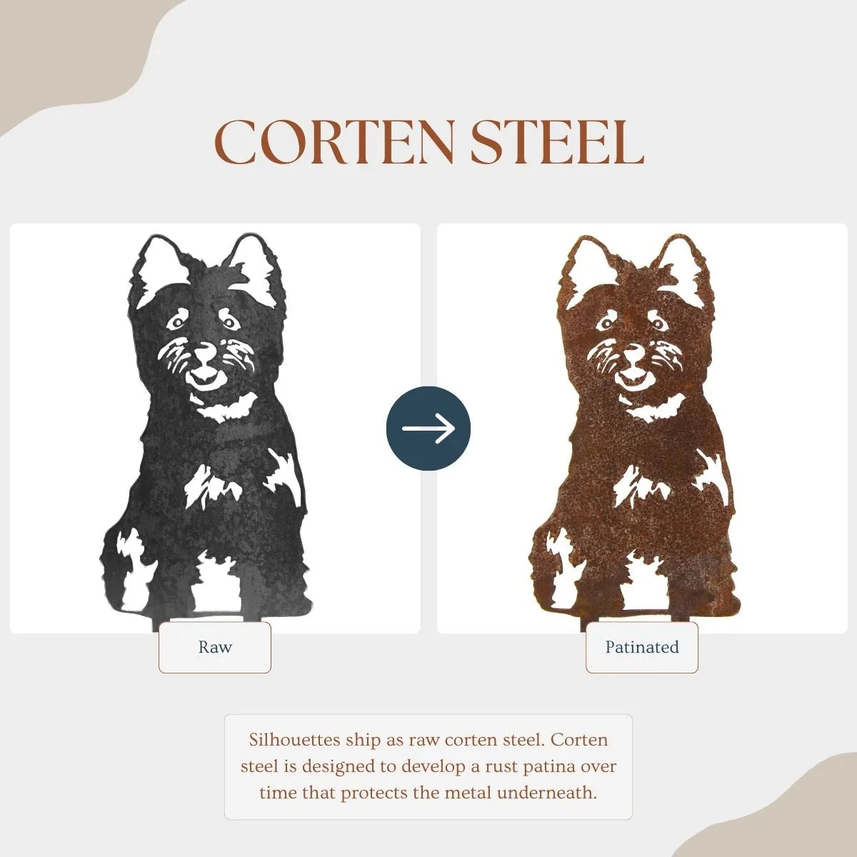 Cairn Terrier metal silhouette showing raw Corten steel on the left and weathered patina on the right.