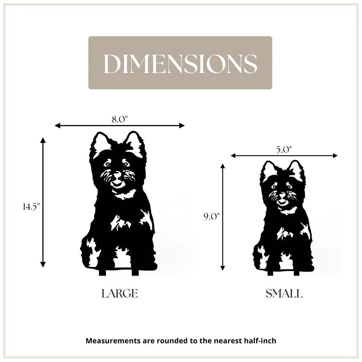 Cairn Terrier metal silhouette wall art with size dimensions, showcasing large (14.5") and small (9") options.