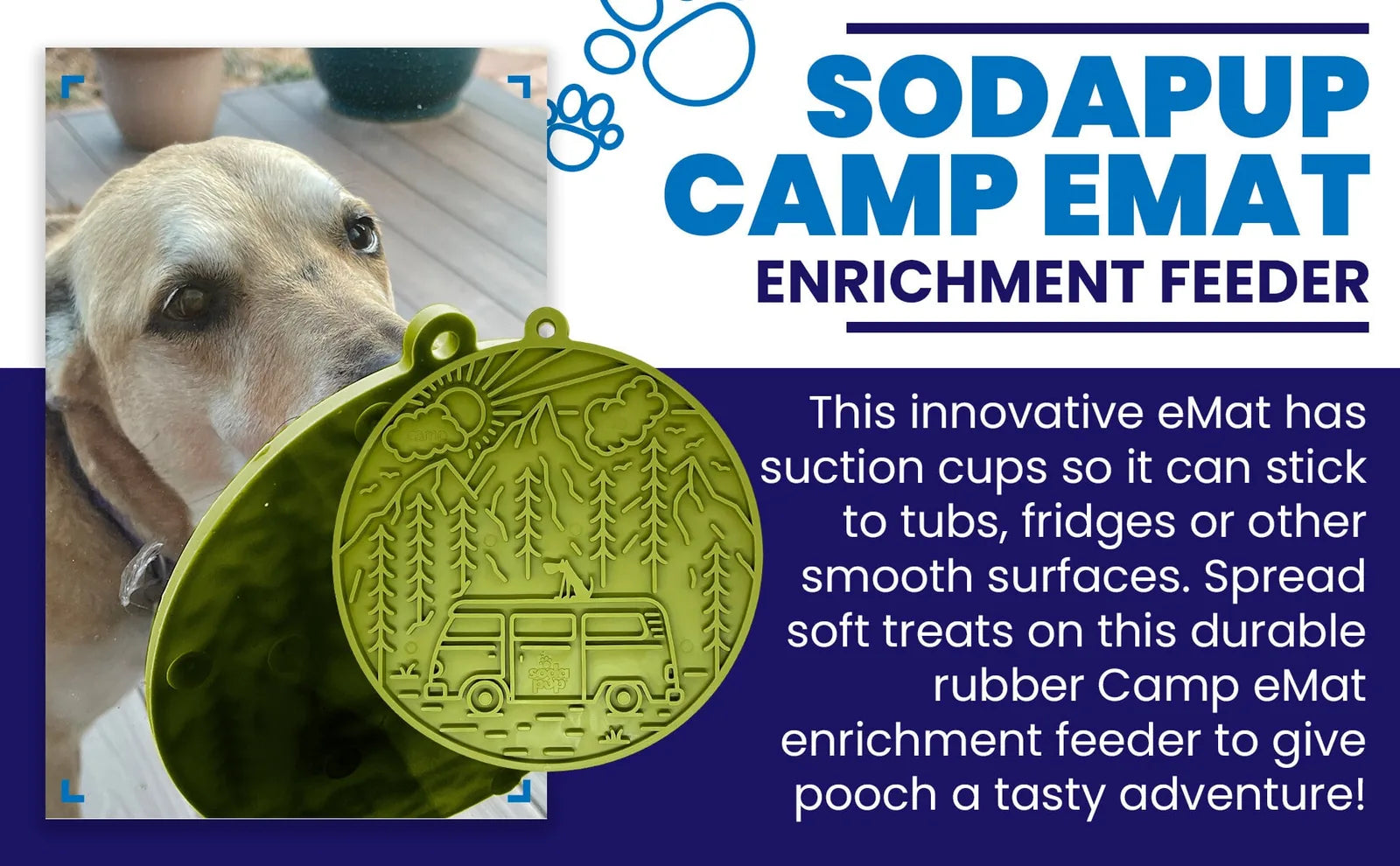 Green Camp eMat with a retro camper van design, textured surface for spreading treats, and visible suction cups for stabil...
