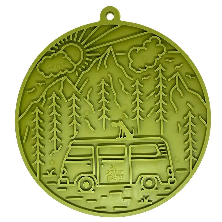 Retro van design silicone lick mat in green, featuring mountain scenery, suitable for dogs and cats.