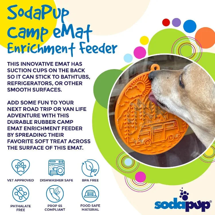 Orange Camp eMat with retro van and nature design, featuring suction cups, attached to a smooth surface, with a dog lickin...