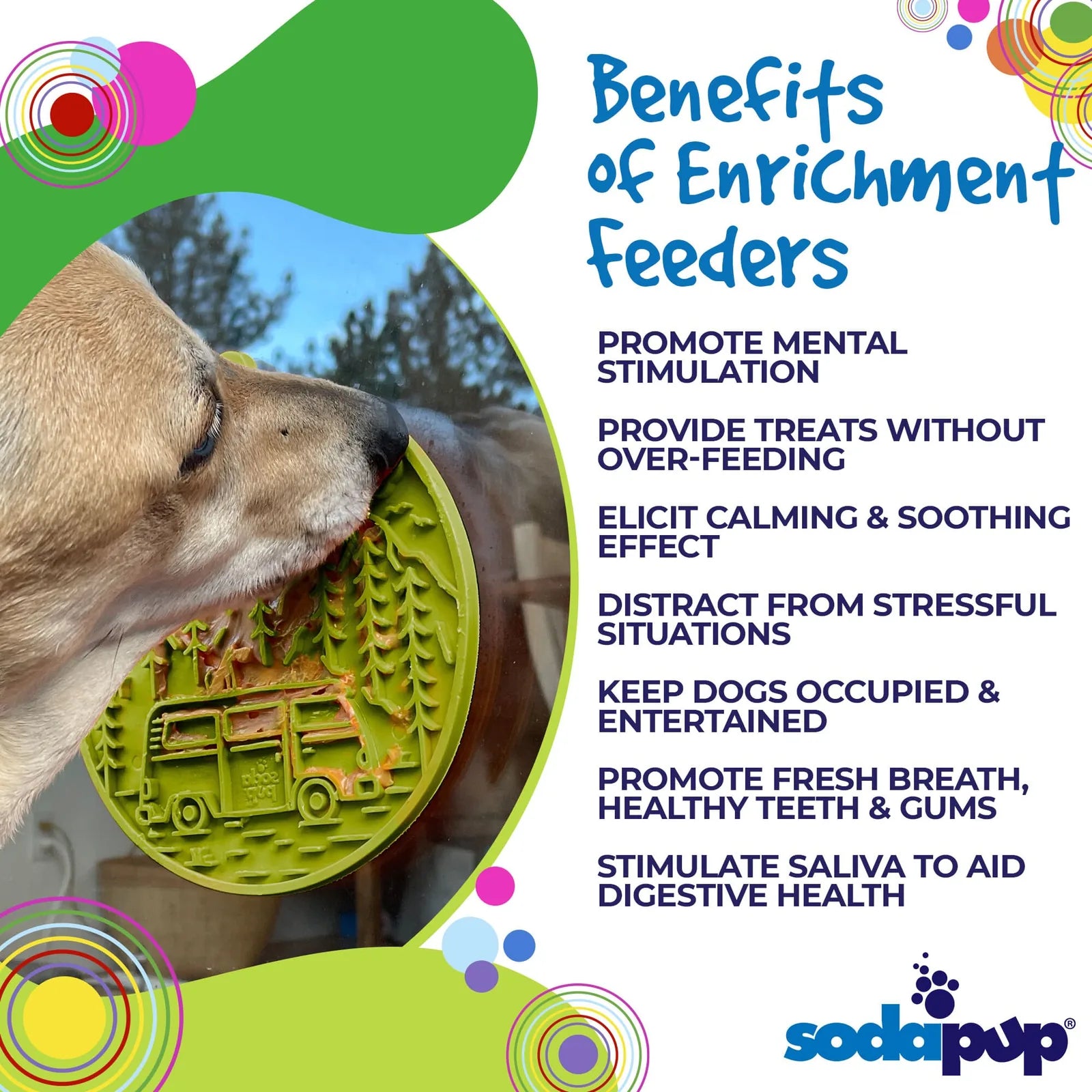 A dog interacts with a green retro van design lick mat, promoting calmness and mental stimulation.
