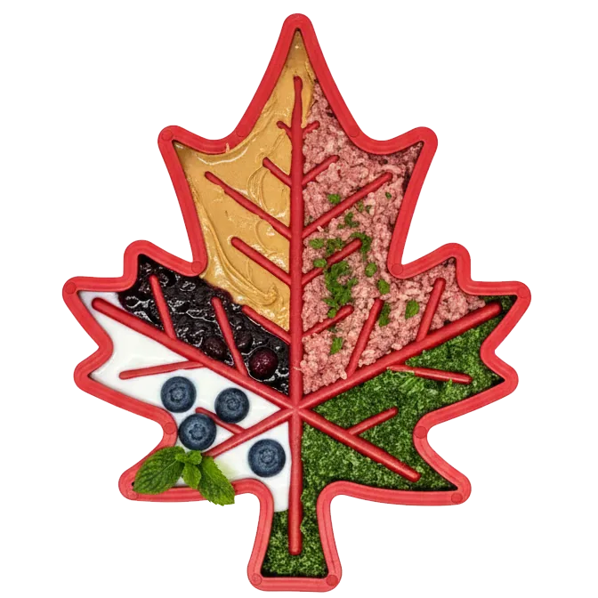 Bright red, maple leaf-shaped nylon chew toy featuring textured grooves for treat stuffing, ideal for aggressive chewers.